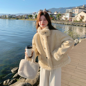 2025新款冬季甜美时髦浅黄色羊羔毛厚外套女独特保暖皮毛一体外套图片