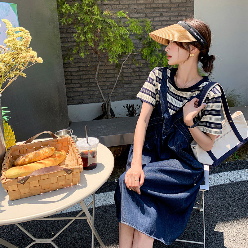条纹拼接假两件牛仔连衣裙女夏季新款学院风宽松休闲小个子裙子潮,女装连衣裙,浙宝157（原165A）