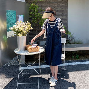 条纹拼接假两件牛仔连衣裙女夏季新款学院风宽松休闲小个子裙子潮图片