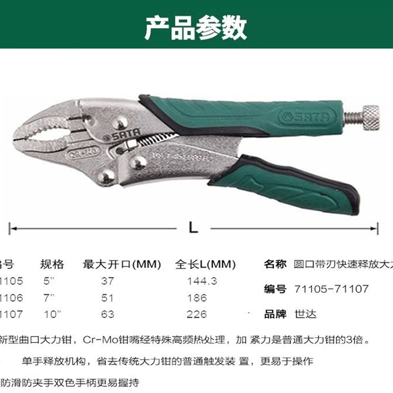 世达圆口带刃快速释放大力钳w 71105 71106 71107