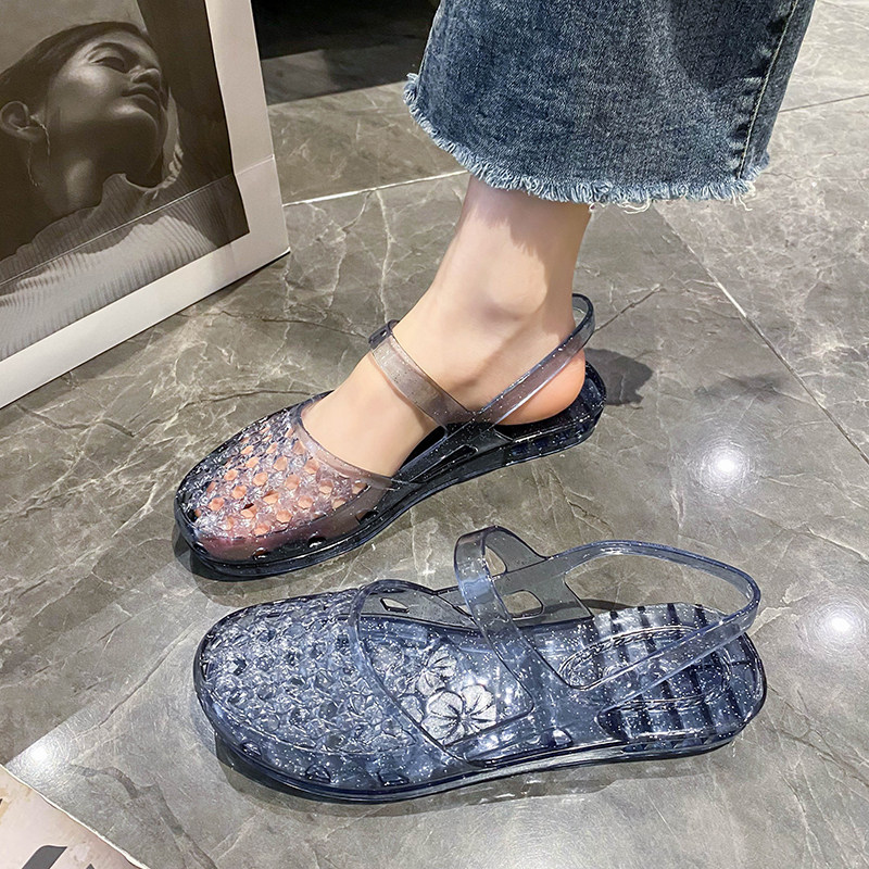 水晶凉鞋女式夏季新款百搭镂空洞洞鞋透明包头平底防滑透气凉拖鞋