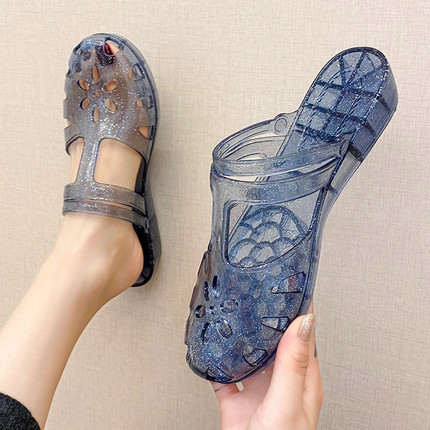 两穿水晶拖鞋女士外穿夏季时尚百搭镂空透气包头防滑防臭厚底凉拖