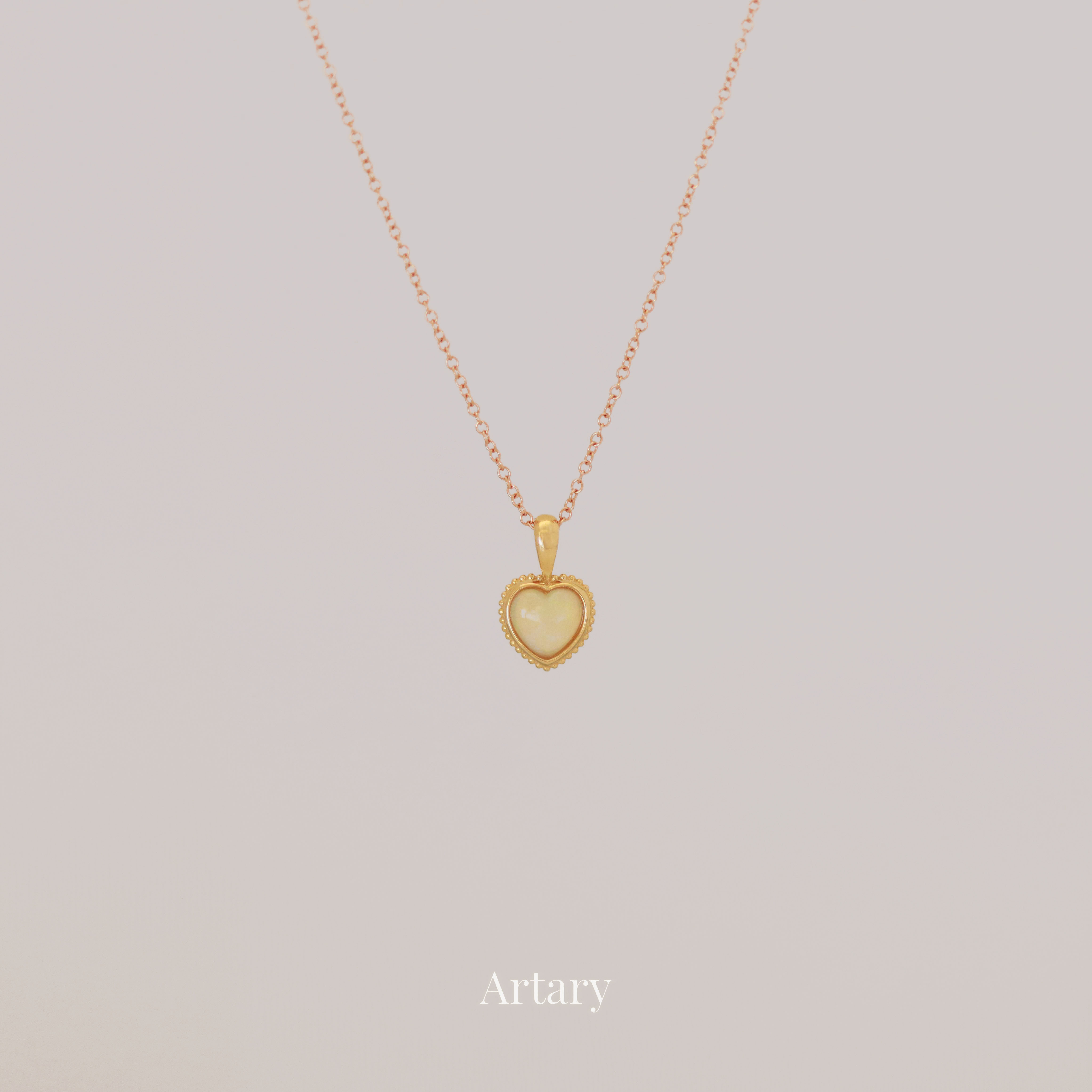 Artary 18k黄金爱心欧泊项链 复古ins风金珠围边原创设计小众礼物