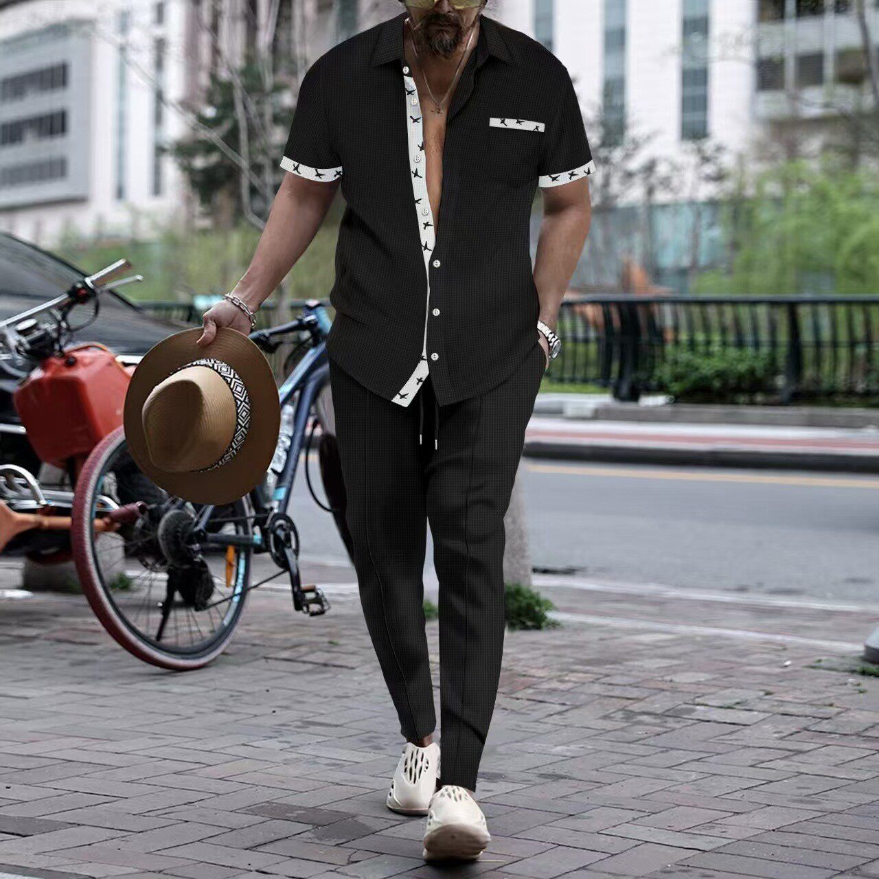 英国george melis夏季新款欧美短袖长裤两件套运动休闲男士套装