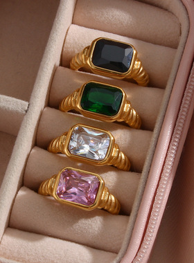 英国george melis欧美简约羊角面包扭曲螺旋戒指首饰矩形锆石