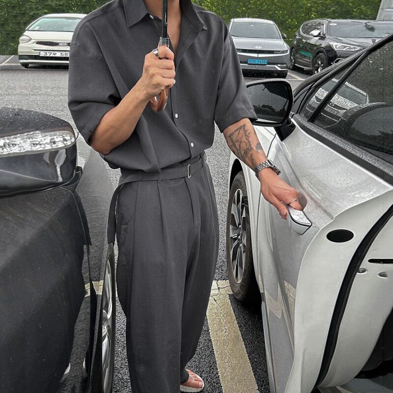 英国george melis老钱风时尚套装男士夏季宽松短袖衬衫韩系潮流