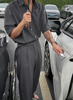 英国george melis老钱风时尚套装男士夏季宽松短袖衬衫韩系潮流