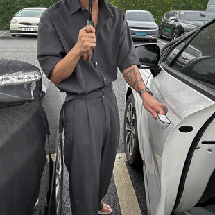 英国george melis老钱风时尚套装男士夏季宽松短袖衬衫韩系潮流