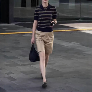 melis夏季 翻领条纹短袖 英国george 新款 显瘦女 polo衫 高腰短裤