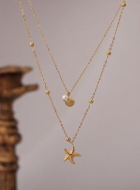 英国George Melis钛钢高保色双层海星贝壳夏季度假风锁骨链叠戴