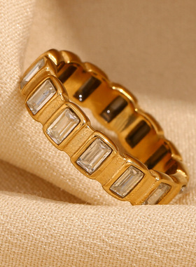 英国george melis欧美小众轻奢小方锆镶嵌真空电镀防水戒指金色