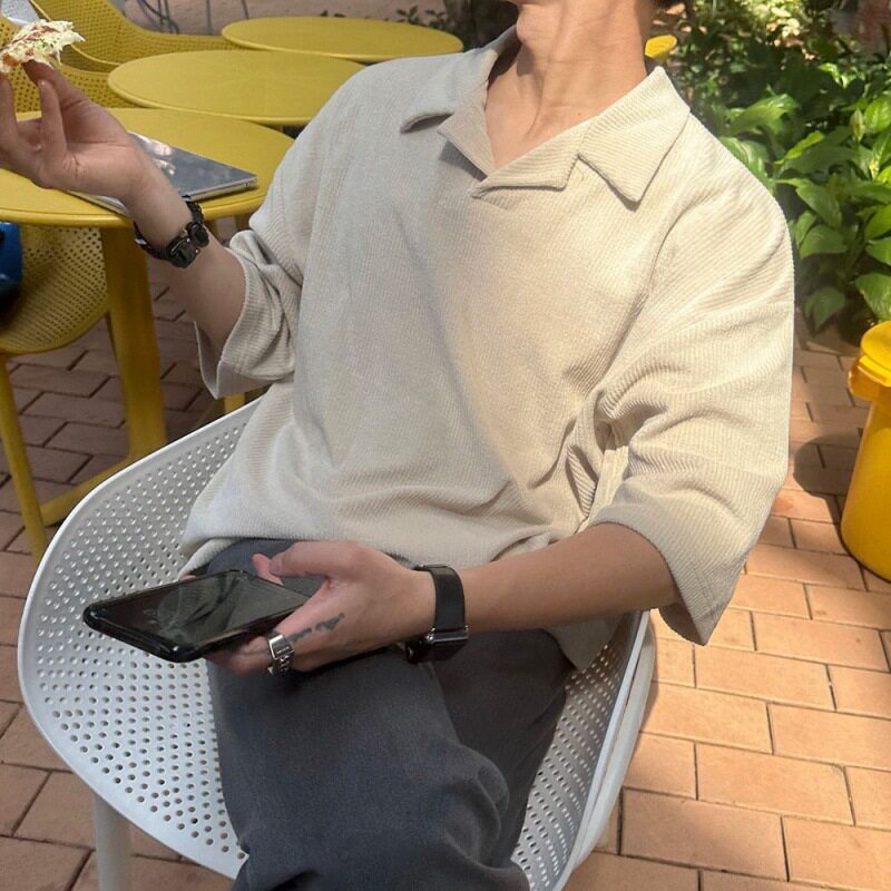 英国george melis日系复古古巴领t恤男士夏季宽松翻领短袖潮流