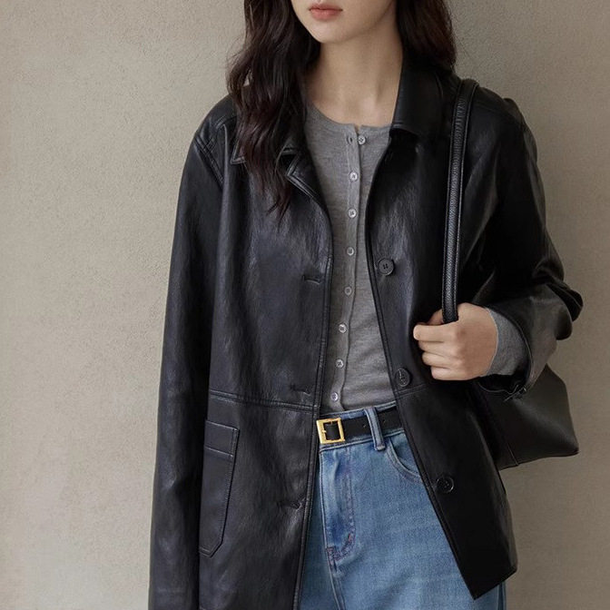 英国george melis黑色初秋短款皮衣外套女翻领夹克小个子新款