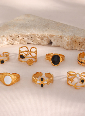 英国george melis欧美ins戒指黑白滴油太阳月亮星星三层开口戒