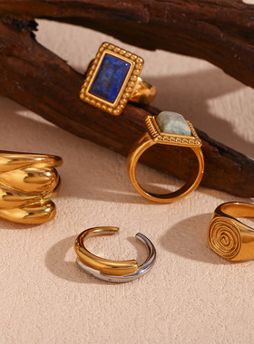 英国george melis欧美时尚小众气质复古指环镀18k金石印章水滴间