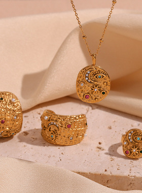 英国george melis欧美小众个性耳环戒指套装镀18k金微镶星月圆形