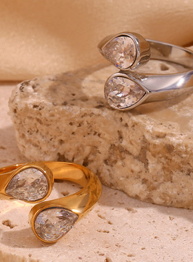 英国george melis欧美百搭个性小众设计指环镀18k锆石双水滴头