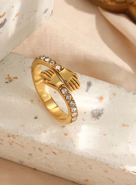 英国george melis欧美ins时尚流行个性轻奢指环双手拥抱锆石可