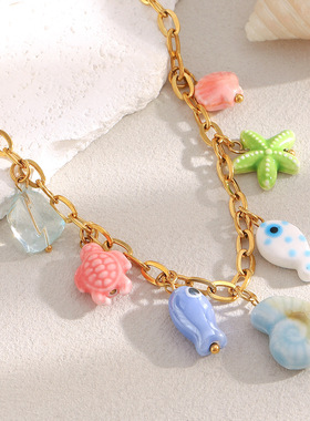 英国george melis欧美时尚海洋小鱼彩色陶瓷镀18k金手工diy项链