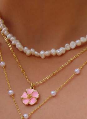 英国George Melis欧美复古钛钢高保色小花珍珠吊坠锁骨链多层叠