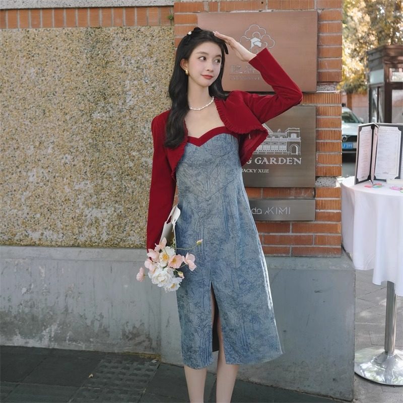 LILY MOST法式红色披肩牛仔吊带连衣裙春秋轻熟风气质名媛两件套