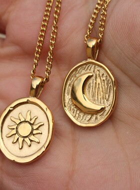 英国george melis太阳月亮圆形硬币项链项链钛钢炉内电镀18k