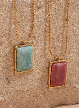 英国george melis欧美百搭时尚镀18k金长方形石吊坠项链女