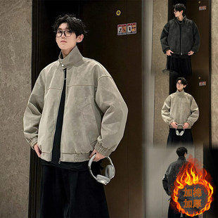 美式 复古立领棉服夹克高级感扎染PU皮外套男秋冬潮牌痞帅加棉加厚