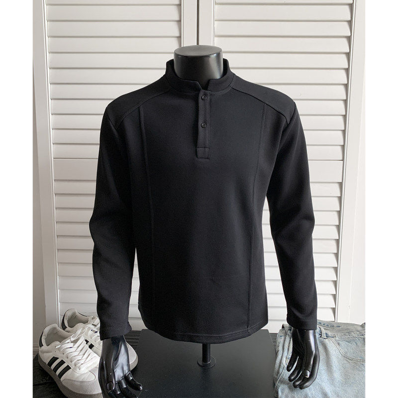 boxy春秋美式亨利领正肩长袖t恤男款潮牌内搭青少年休闲灰色卫衣