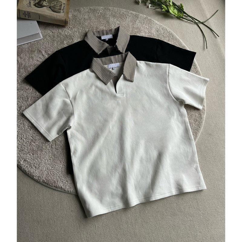 轻职场通勤穿搭千鸟格男夏季美式高街翻领短袖t恤拼接正肩POLO衫