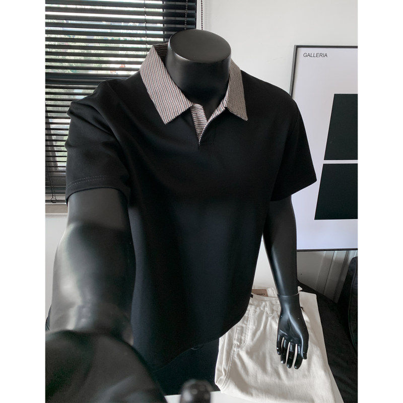 千鸟格正肩T恤短袖polo衫男款夏季cleanfit美式高街boxy翻领半袖