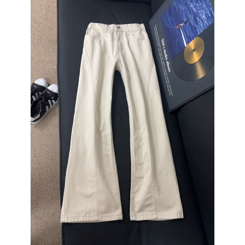 米白色斜切牛仔裤男款秋季cleanfit纯棉水洗直筒裤美式复古微喇裤