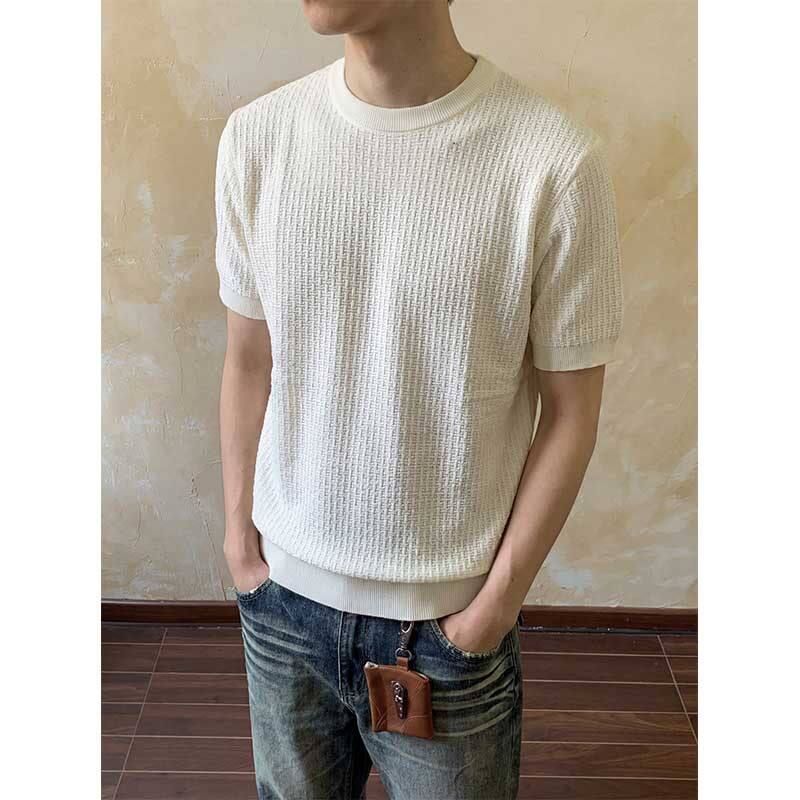 白色高级感雅痞轻熟正肩针织短袖t恤男夏季重磅韩版圆领半袖上衣