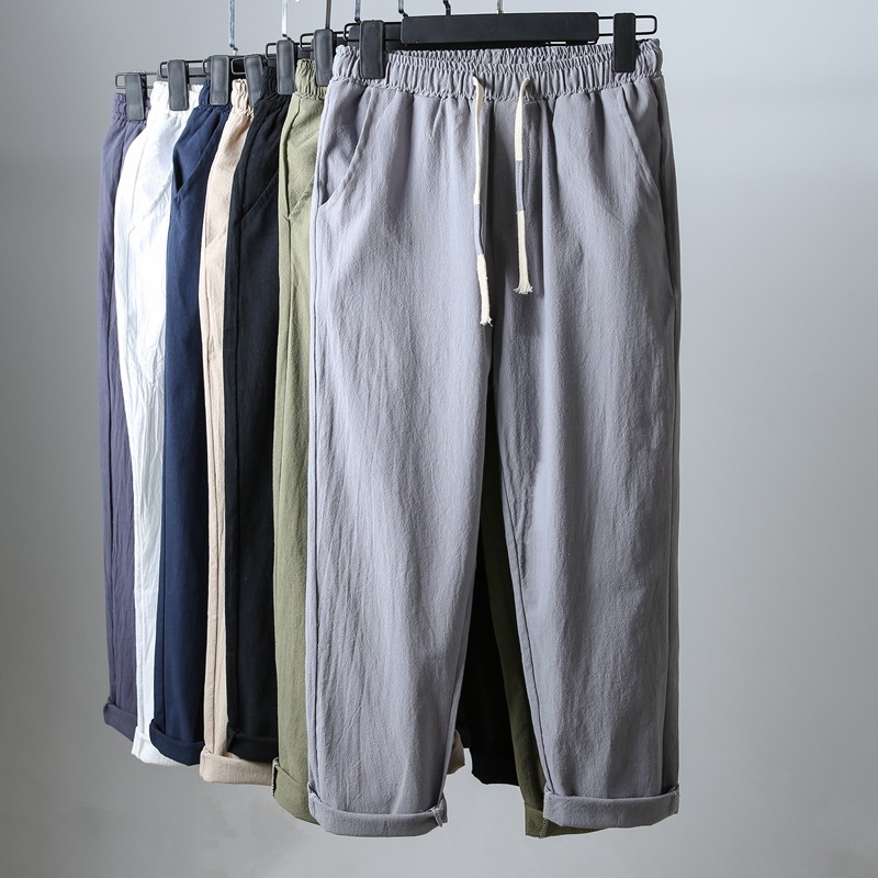 棉麻休闲裤男夏季直筒九分裤青年薄款修身亚麻小脚裤运动百搭裤子