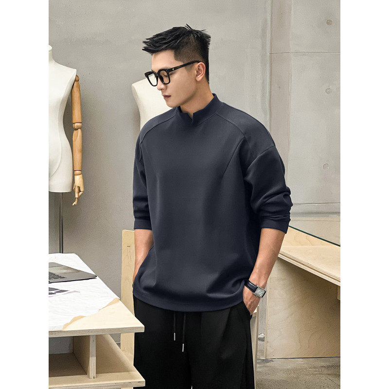 小V领结构设计感卫衣男士双面德绒立领显肩宽长袖T恤运动潮打底衫