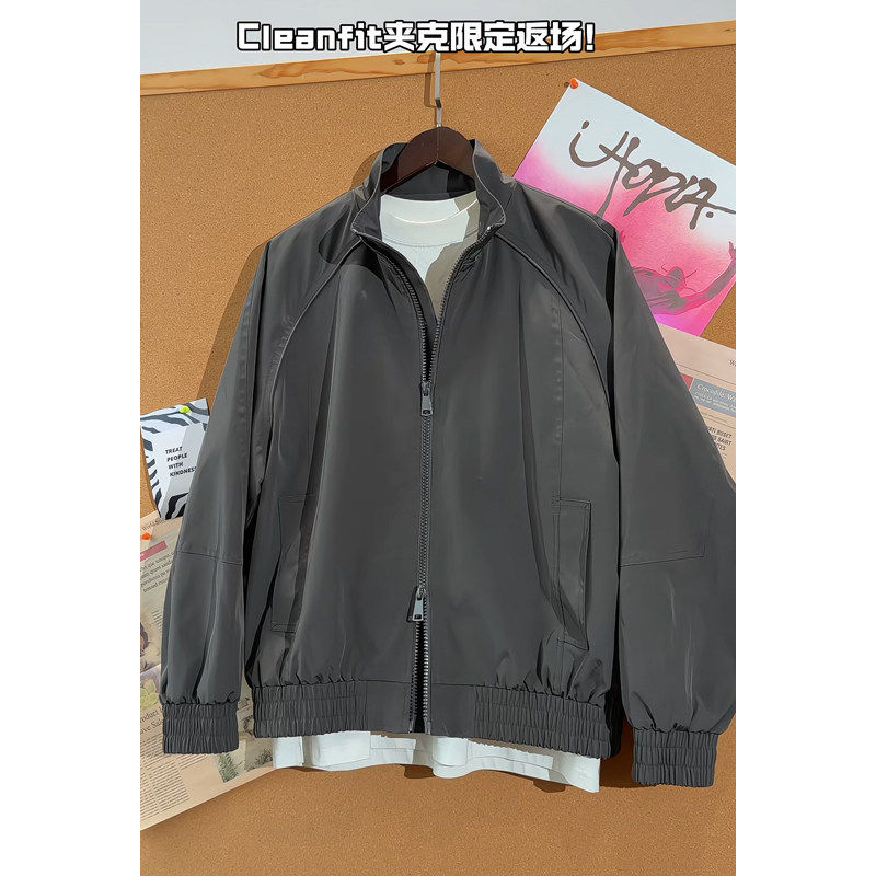 冲锋衣深灰色美式立领飞行夹克男款春秋季高级感痞帅短款工装外套
