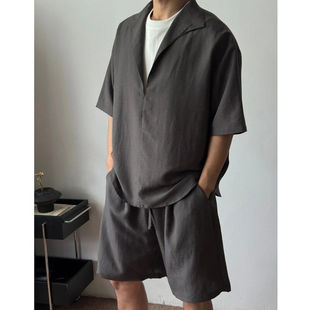 老钱风亚麻套装男港风休闲痞帅两件套短袖衬衫假两件＋短裤夏装潮