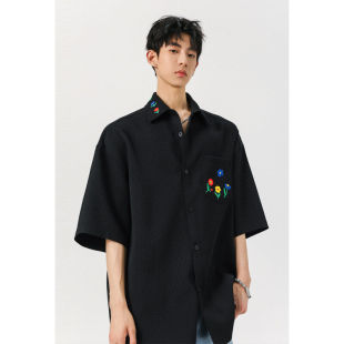 高级感绣花短袖衬衫男款夏季港风休闲五分袖衬衣潮牌cleanfit外套