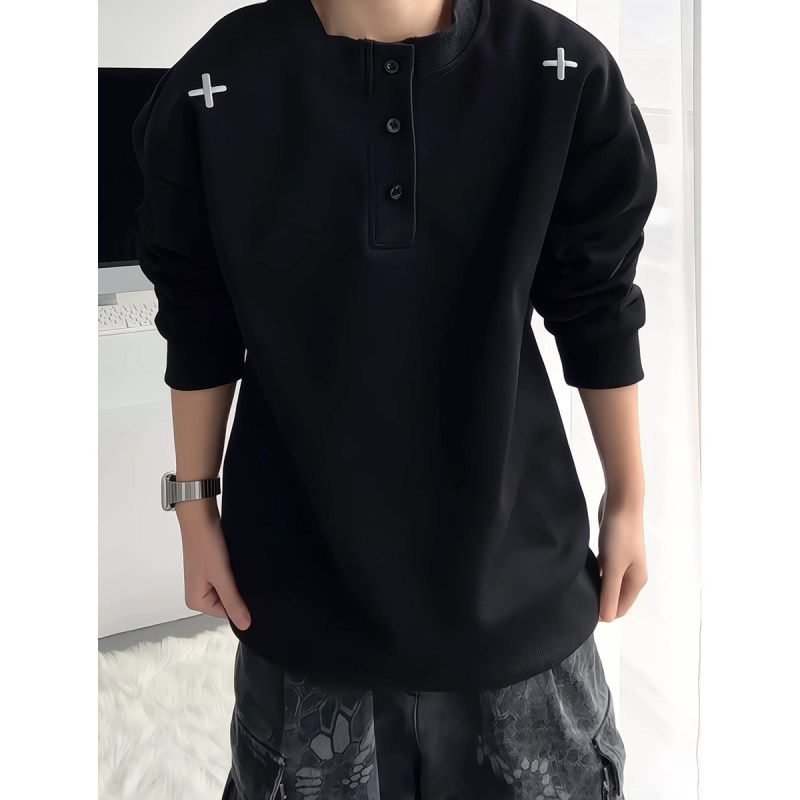 黑色刺绣亨利领毛衣男款秋冬慵懒风高级感针织衫可外穿内搭打底衫