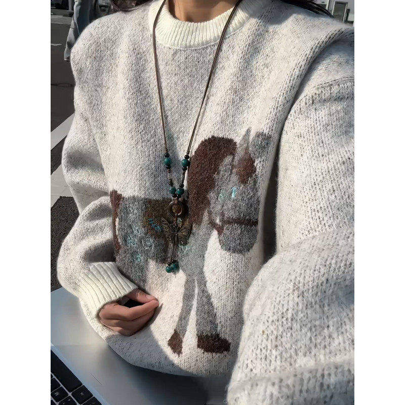 新年红色小马圆领套头毛衣男女秋冬季宽松慵懒情侣针织衫保暖外套