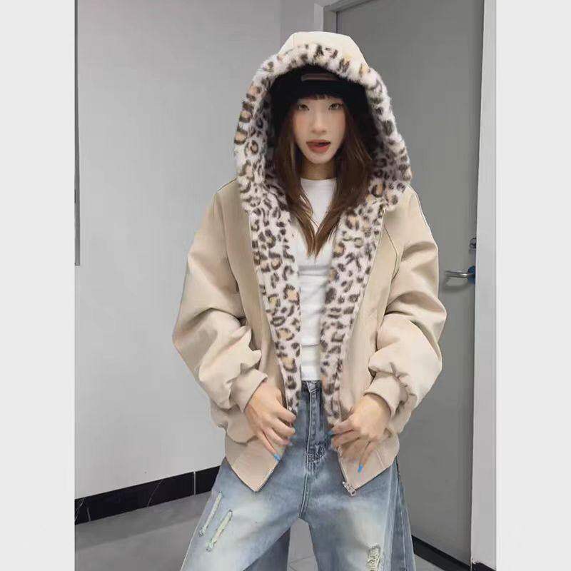 双面穿座山豹纹连帽pu皮夹克棉服男女款冬季加绒加厚美式复古外套