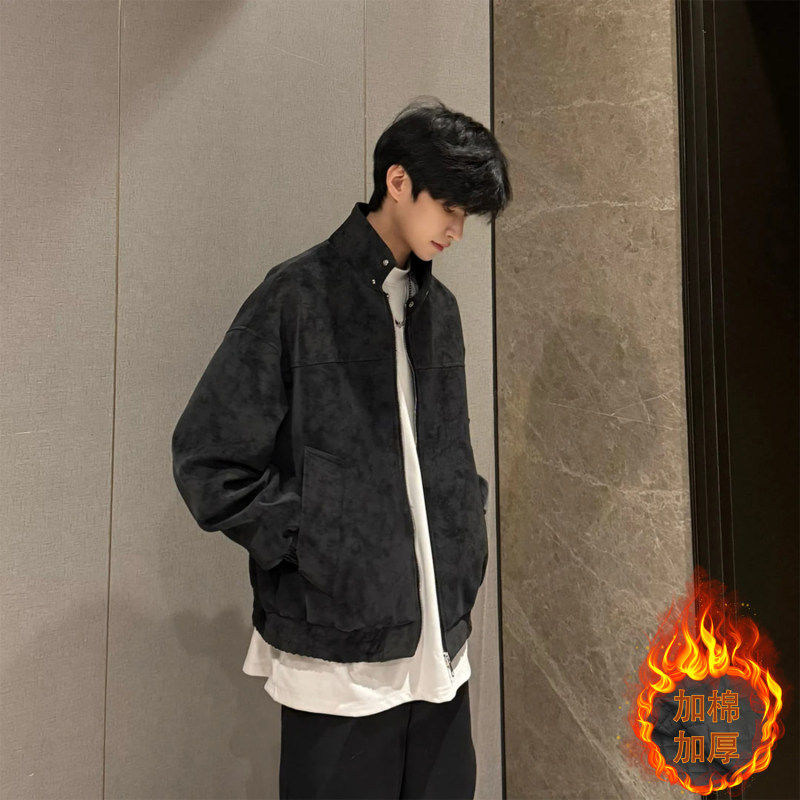 扎染羊羔绒保暖外套皮衣夹克棉服男款冬季短宽boxy立领机车服棉衣