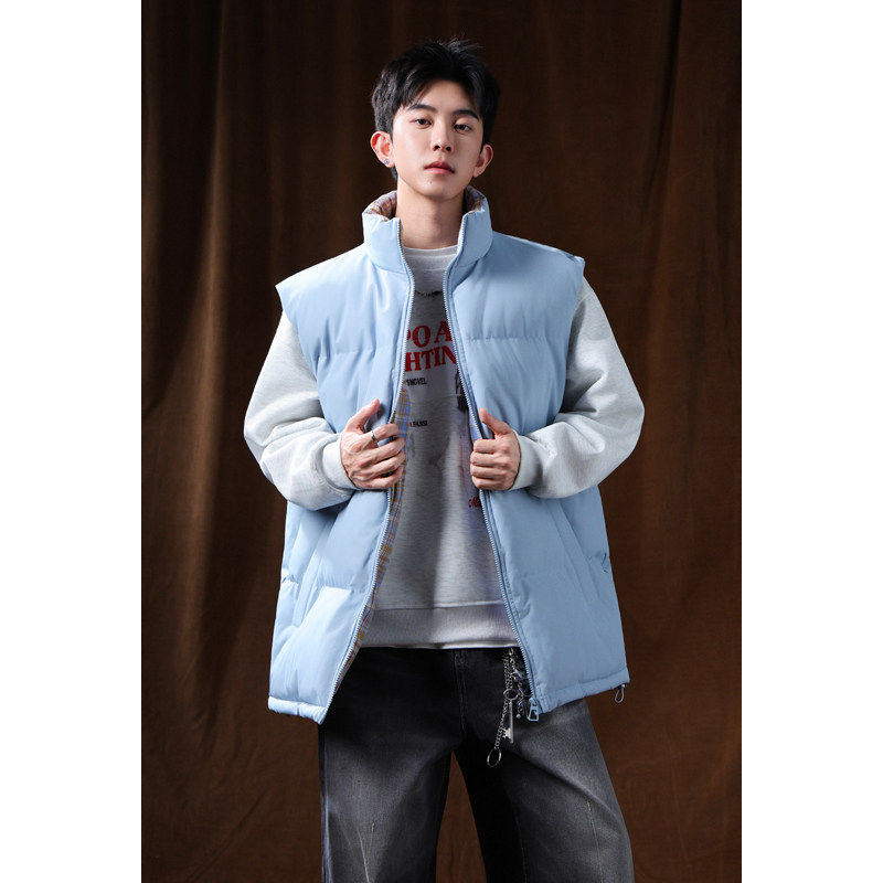 格子拼接立领马甲男青少年休闲宽松无袖外套冬季加厚保暖背心坎肩