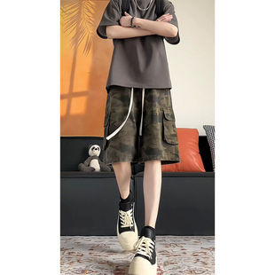 美式迷彩短裤男款夏季多口袋伐木工装裤子宽松直筒阔腿牛仔五分裤