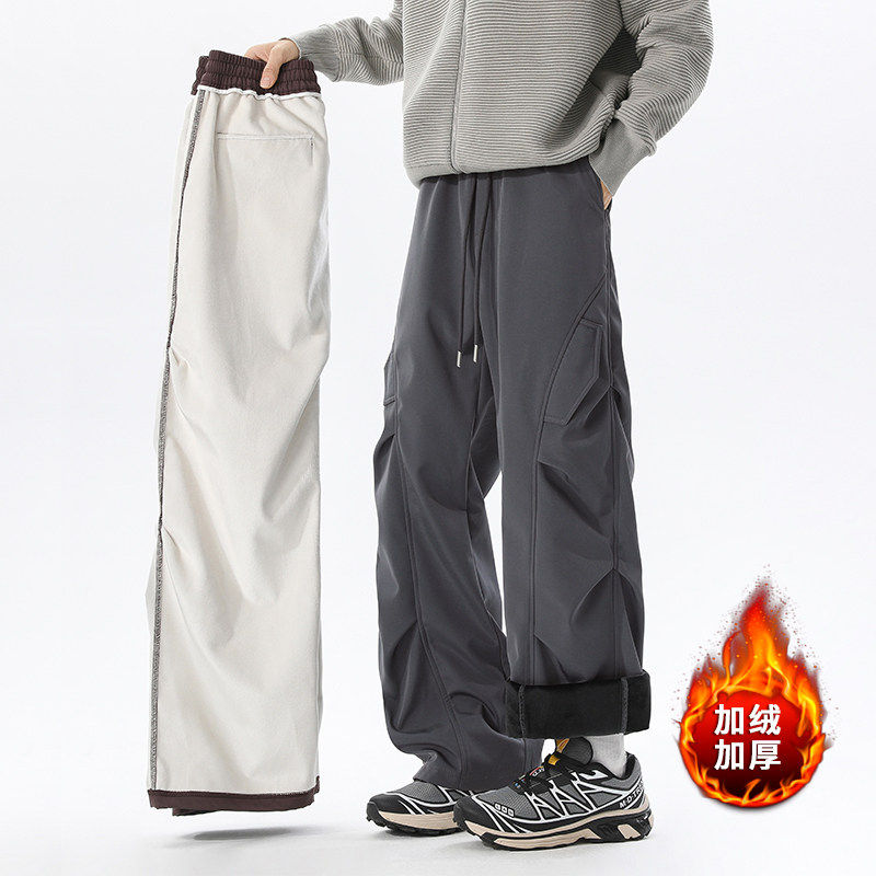 灰色美式褶皱伞兵工装裤男2025冬季运动裤青少年加绒加厚休闲长裤