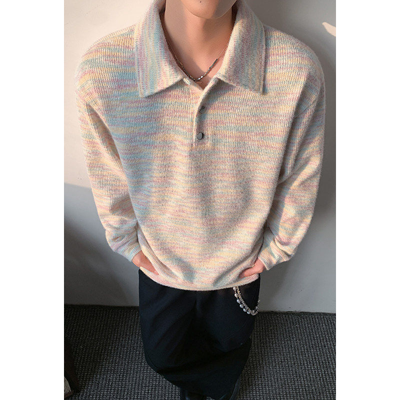 美式慵懒风彩点polo领卫衣男宽松百搭套头毛衣春秋潮牌学生针织衫