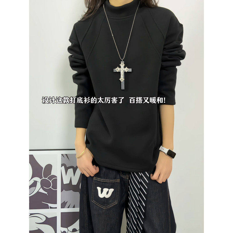 黑色内搭解构德绒打底衫男款冬季半高领加绒卫衣重磅正肩长袖T恤