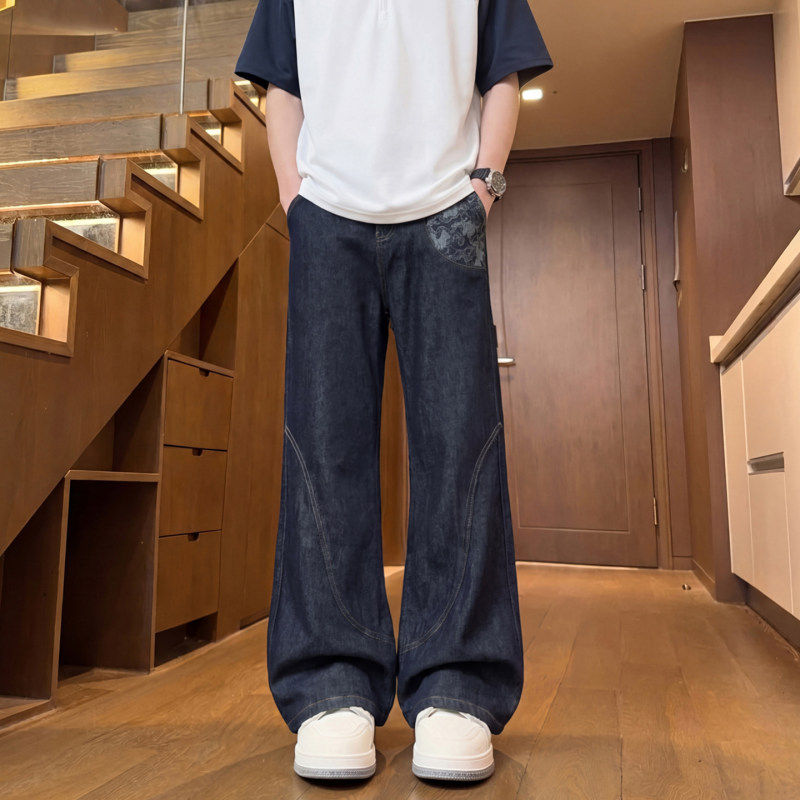 复古A字版型拼接直筒微喇牛仔裤男女cleanfit高个子加长版阔腿裤