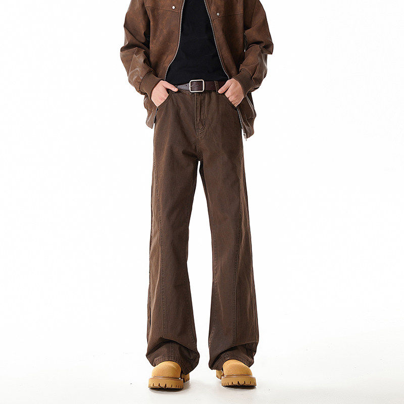 美式复古斜切纯棉牛仔裤男款春秋cleanfit显瘦窄版直筒微喇长裤子