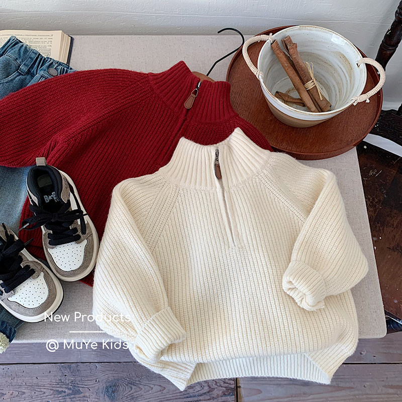 儿童冬款毛衣2025冬季新款韩版男童休闲保暖加厚款纯色圆领长袖潮